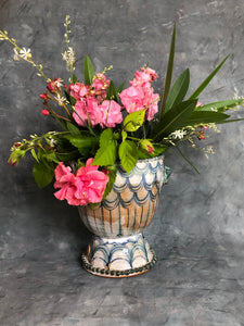 Wheel-Thrown Ceramic Pedestal Urn with applied handles and decoration