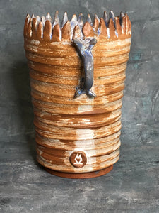 Wheel-Thrown Ceramic Cylinder Vase with Applied decoration