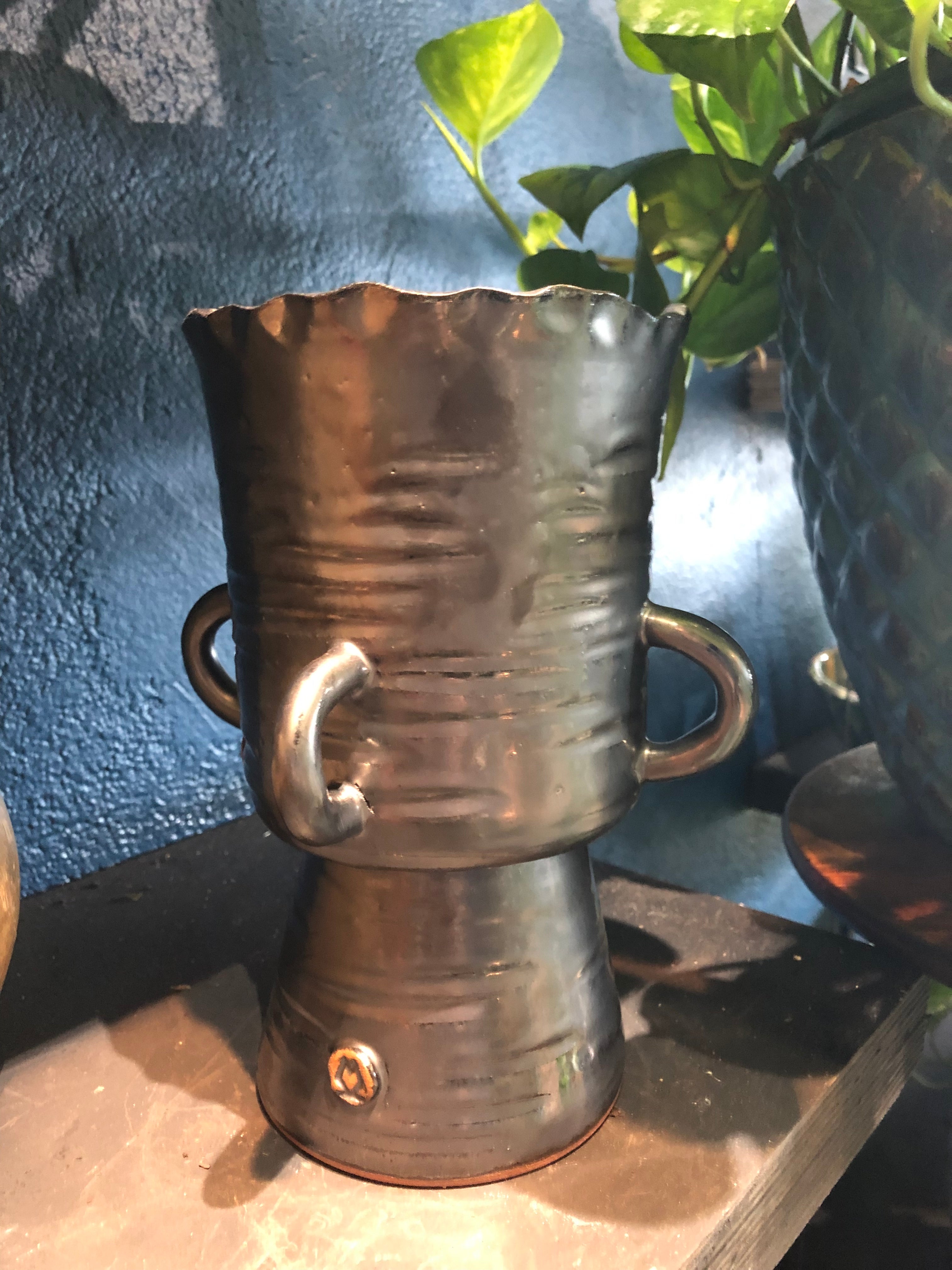 Handmade Ceramic Urn with Pewter Glaze and applied handles